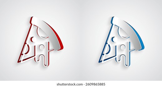 Paper cut Slice of pizza icon isolated on grey background. Fast food menu. Paper art style. Vector