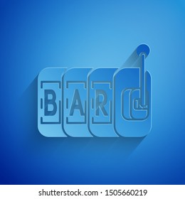 Paper cut Slot machine icon isolated on blue background. Paper art style. Vector Illustration