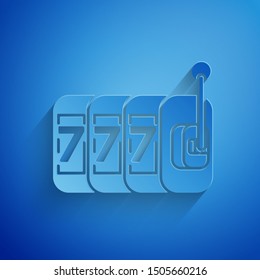 Paper cut Slot machine with lucky sevens jackpot icon isolated on blue background. Paper art style. Vector Illustration