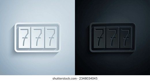 Paper cut Slot machine with lucky sevens jackpot icon isolated on grey and black background. Paper art style. Vector