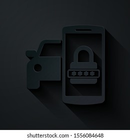 Paper cut Smart car security system icon isolated on black background. The smartphone controls the car security on the wireless. Paper art style. Vector Illustration