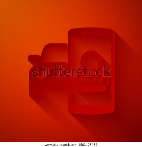 Paper cut Smart car security\
system icon isolated on red background. The smartphone controls the\
car security on the wireless. Paper art style. Vector\
Illustration