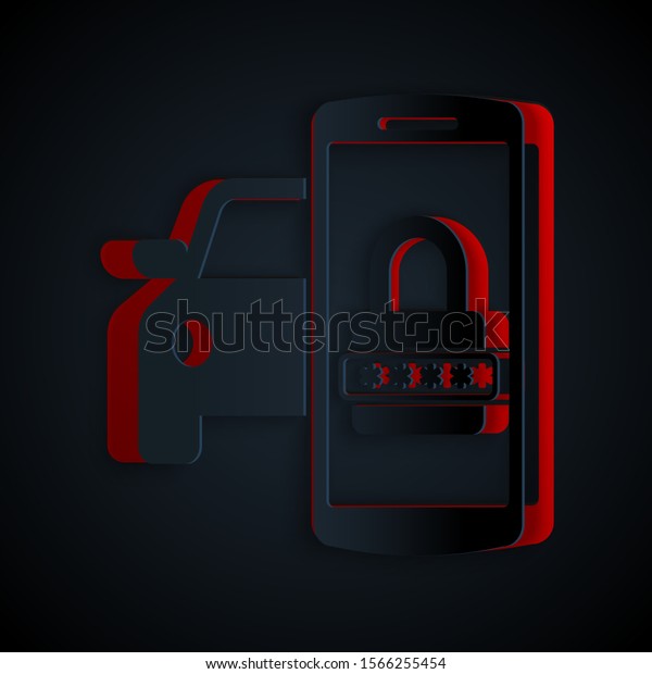 Paper cut Smart car security\
system icon isolated on black background. The smartphone controls\
the car security on the wireless. Paper art style. Vector\
Illustration