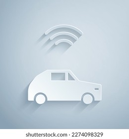 Paper cut Smart car system with wireless connection icon isolated on grey background. Paper art style. Vector