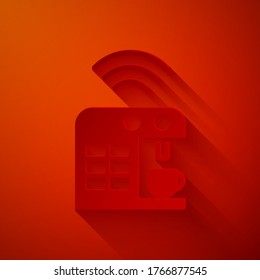 Paper cut Smart coffee machine system icon isolated on red background. Internet of things concept with wireless connection. Paper art style. Vector
