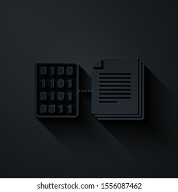 Paper cut Smart contract icon isolated on black background. Blockchain technology, cryptocurrency mining, bitcoin, altcoins, digital money market. Paper art style. Vector Illustration