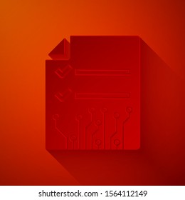 Paper cut Smart contract icon isolated on red background. Blockchain technology, cryptocurrency mining, bitcoin, altcoins, digital money market. Paper art style. Vector Illustration