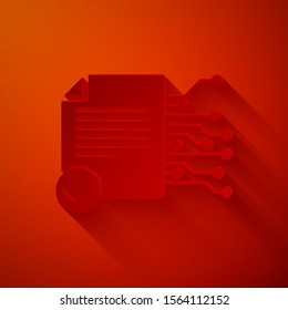 Paper cut Smart contract icon isolated on red background. Blockchain technology, cryptocurrency mining, bitcoin, altcoins, digital money market. Paper art style. Vector Illustration