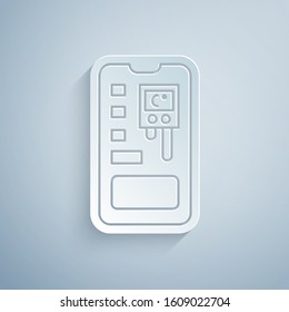 Paper cut Smart control farming system mobile application icon isolated on grey background. Paper art style. Vector Illustration