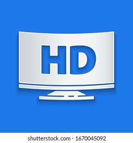 Pantalla inteligente de corte de papel con icono de la tecnología de vídeo HD aislado en fondo azul. Estilo de arte de papel. Ilustración vectorial