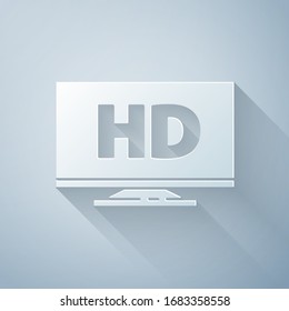 Paper cut Smart display with HD video technology icon isolated on grey background. Paper art style. Vector Illustration