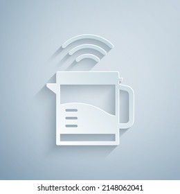 Paper cut Smart electric kettle system icon isolated on grey background. Teapot icon. Internet of things concept with wireless connection. Paper art style. Vector