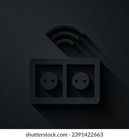 Paper cut Smart electrical outlet system icon isolated on black background. Power socket. Internet of things concept with wireless connection. Paper art style. Vector
