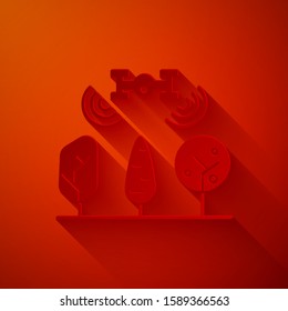 Paper cut Smart farm with drone control and tree icon isolated on red background. Innovation technology for agricultural company. Paper art style. Vector Illustration
