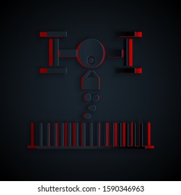 Paper cut Smart farm with drone control for seed planting icon isolated on black background. Innovation technology for agricultural company. Paper art style. Vector Illustration