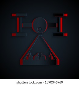 Paper cut Smart farm with drone control collects harvest icon isolated on black background. Innovation technology for agricultural company. Paper art style. Vector Illustration