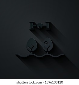 Paper cut Smart farm with drone control and tree icon isolated on black background. Innovation technology for agricultural company. Paper art style. Vector Illustration