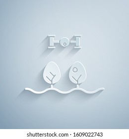 Paper cut Smart farm with drone control and tree icon isolated on grey background. Innovation technology for agricultural company. Paper art style. Vector Illustration