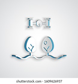 Paper cut Smart farm with drone control and tree icon isolated on grey background. Innovation technology for agricultural company. Paper art style. Vector Illustration