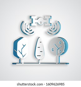 Paper cut Smart farm with drone control and tree icon isolated on grey background. Innovation technology for agricultural company. Paper art style. Vector Illustration