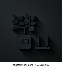 Paper cut Smart farming technology - farm automation system in app icon isolated on black background. Paper art style. Vector Illustration