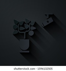 Paper cut Smart farming technology - farm automation system in app icon isolated on black background. Paper art style. Vector Illustration