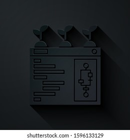 Paper cut Smart farming technology - farm automation system in app icon isolated on black background. Paper art style. Vector Illustration