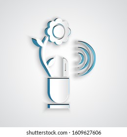 Paper cut Smart farming technology - farm automation system in app icon isolated on grey background. Paper art style. Vector Illustration