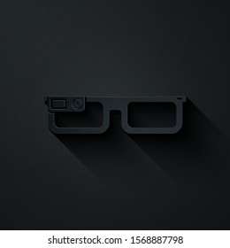 Paper cut Smart glasses mounted on spectacles icon isolated on black background. Wearable electronics smart glasses with camera and display. Paper art style. Vector Illustration