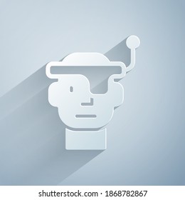 Paper cut Smart glasses mounted on spectacles icon isolated on grey background. Wearable electronics smart glasses with camera and display. Paper art style. Vector