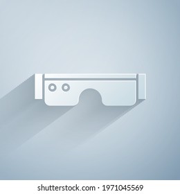 Paper cut Smart glasses mounted on spectacles icon isolated on grey background. Wearable electronics smart glasses with camera and display. Paper art style. Vector Illustration