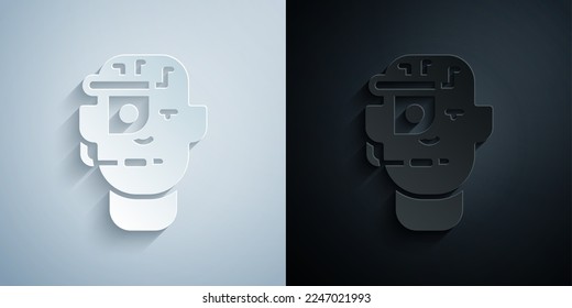 Paper cut Smart glasses mounted on spectacles icon isolated on grey and black background. Wearable electronics smart glasses with camera and display. Paper art style. Vector