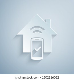 Paper cut Smart home - remote control system icon isolated on grey background. Paper art style. Vector Illustration