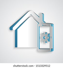 Paper cut Smart home - remote control system icon isolated on grey background. Paper art style. Vector Illustration