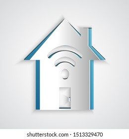 Paper cut Smart home with wi-fi icon isolated on grey background. Remote control. Paper art style. Vector Illustration