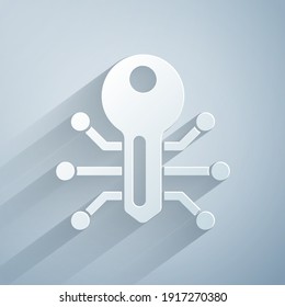 Recorte de papel Icono de tecla inteligente aislado en fondo gris. Estilo de arte de papel. Vector