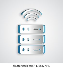 Paper cut Smart Server, Data, Web Hosting icon isolated on grey background. Internet of things concept with wireless connection. Paper art style. Vector