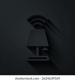 Paper cut Smart table lamp system icon isolated on black background. Internet of things concept with wireless connection. Paper art style. Vector