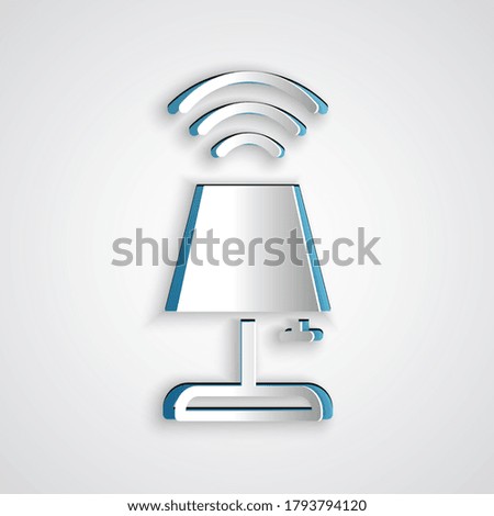 Paper cut Smart table lamp system icon isolated on grey background. Internet of things concept with wireless connection. Paper art style. Vector