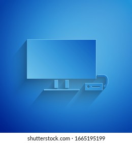 Paper cut Smart Tv icon isolated on blue background. Television sign. Paper art style. Vector Illustration