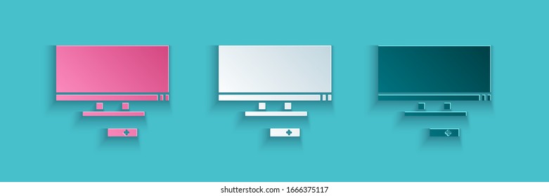 Paper cut Smart Tv icon isolated on blue background. Television sign. Paper art style. Vector Illustration