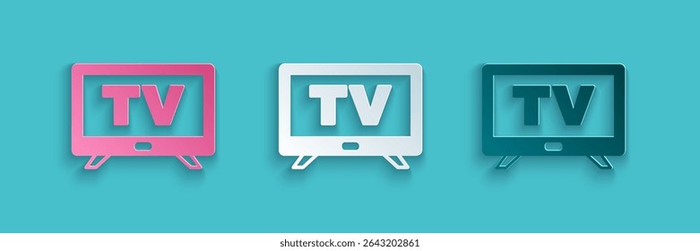 Paper cut Smart Tv icon isolated on blue background. Television sign. Paper art style. Vector