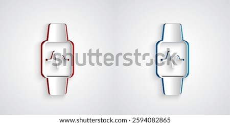 Paper cut Smart watch showing heart beat rate icon isolated on grey background. Fitness App concept. Paper art style. Vector