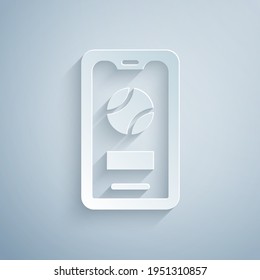 Paper cut Smartphone with baseball ball on the screen icon isolated on grey background. Online baseball game for mobile phone. Paper art style. Vector