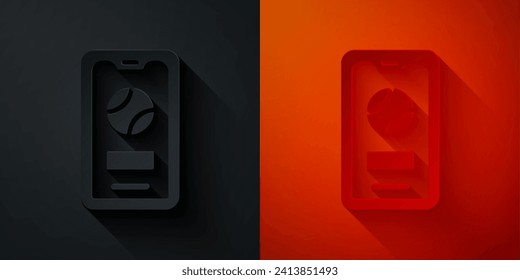 Paper cut Smartphone with baseball ball on the screen icon isolated on black and red background. Online baseball game for mobile phone. Paper art style. Vector