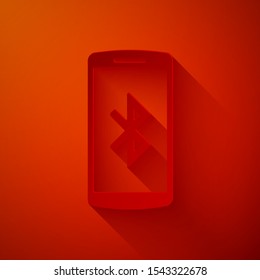 Paper cut Smartphone with bluetooth symbol icon isolated on red background. Paper art style. Vector Illustration