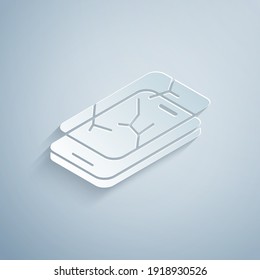 Paper cut Smartphone with broken screen icon isolated on grey background. Shattered phone screen icon. Paper art style. Vector.