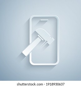 Paper cut Smartphone with broken screen icon isolated on grey background. Shattered phone screen icon. Paper art style. Vector.