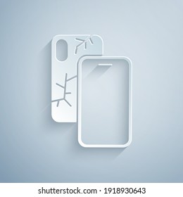 Paper cut Smartphone with broken screen icon isolated on grey background. Shattered phone screen icon. Paper art style. Vector.
