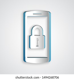 Paper cut Smartphone with closed padlock icon isolated on grey background. Phone with lock. Mobile security, safety, protection concept. Paper art style. Vector Illustration